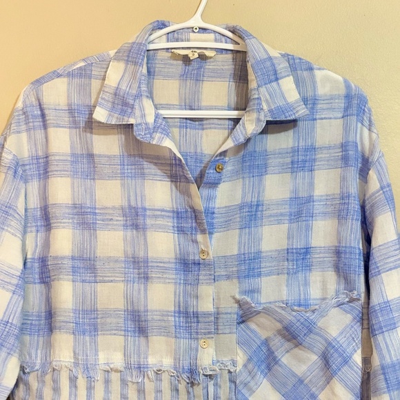 Entro Blue & White Plaid & Stripe Colour Blocked Cotton Button Up Shirt - Picture 4 of 13